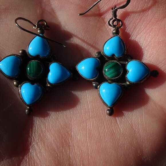 Sterling Silver Turquoise and Malachite Pierced Earrings - Picture 7 of 7